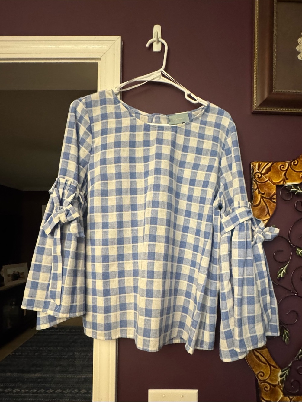 Blue and White Gingham Tie-Sleeve Women's Top